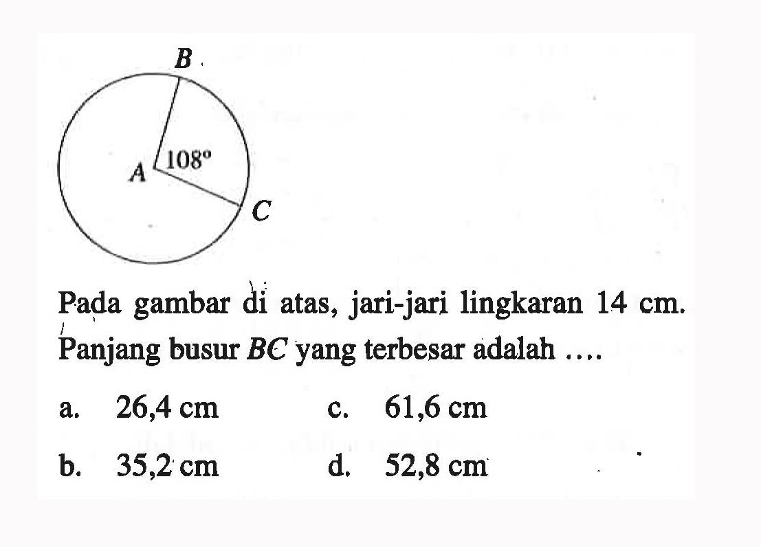 108 Pada gambar di atas, jari-jari lingkaran 14 cm. Panjang busur BC yang terbesar adalah ....