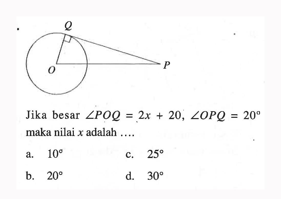 Q O P Jika besar sudut POQ=2x+20, sudut OPQ=20 maka nilai x adalah .... 