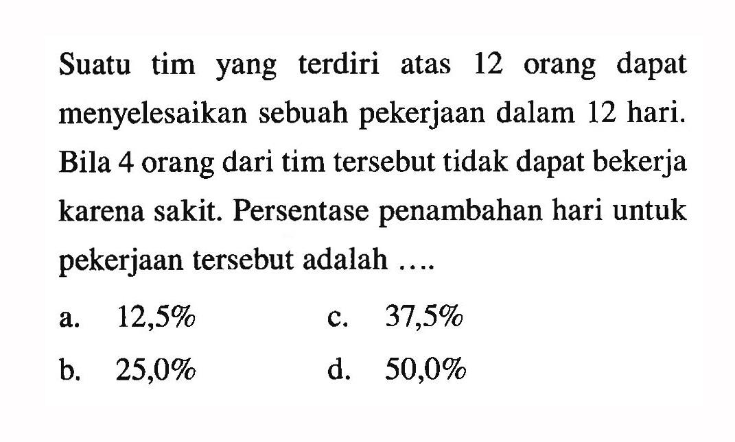 Suatu tim yang terdiri atas 12 orang dapat menyelesaikan sebuah pekerjaan dalam 12 hari. Bila 4 orang dari tim tersebut tidak dapat bekerja karena sakit. Persentase penambahan hari untuk pekerjaan tersebut adalah ....
