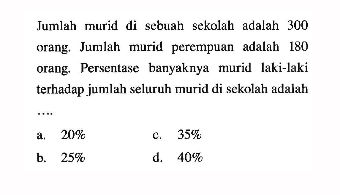 Jumlah murid di sebuah sekolah adalah 300 orang. Jumlah murid perempuan adalah 180 orang. Persentase banyaknya murid laki-laki terhadap jumlah seluruh murid di sekolah adalah
