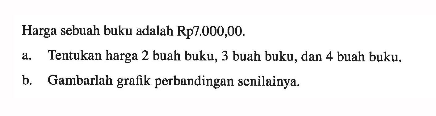 Harga sebuah buku adalah Rp7.000,00. a. Tentukan harga 2 buah buku, 3 buah buku, dan 4 buah buku. b. Gambarlah grafik perbandingan senilainya. 