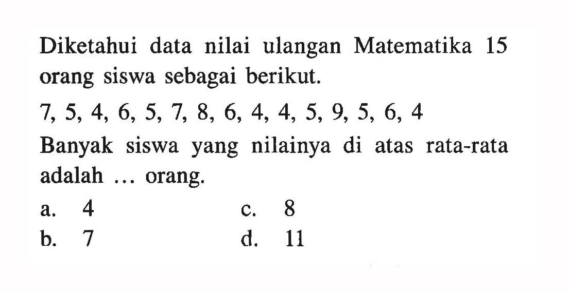 Diketahui data nilai ulangan Matematika 15 orang siswa sebagai berikut.7,5,4,6,5,7,8,6,4,4,5,9,5,6,4Banyak siswa yang nilainya di atas rata-rata adalah ... orang.