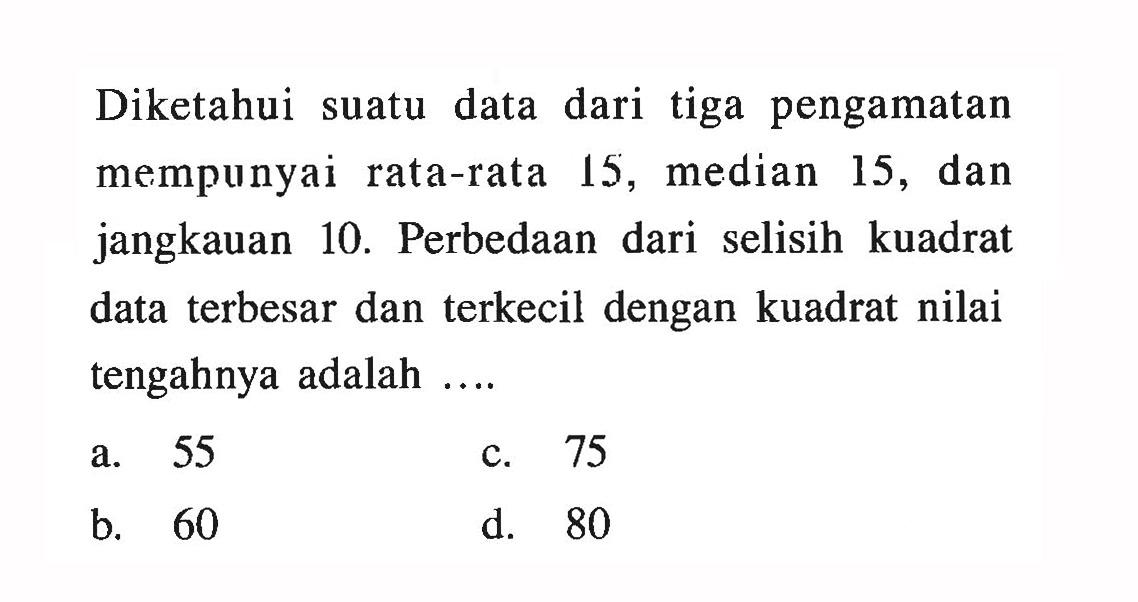 Diketahui suatu data dari tiga pengamatan mempunyai rata-rata 15, median 15, dan jangkauan 10. Perbedaan dari selisih kuadrat data terbesar dan terkecil dengan kuadrat nilai tengahnya adalah .... 