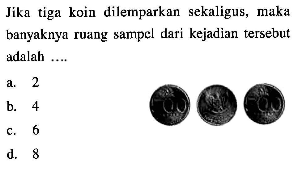 Jika tiga koin dilemparkan sekaligus, maka banyaknya ruang sampel dari kejadian tersebut adalah .... 