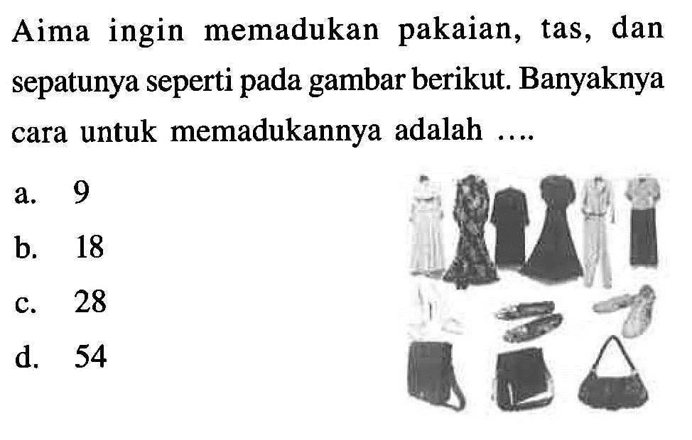 Aima ingin memadukan pakaian, tas, dan sepatunya seperti pada gambar berikut. Banyaknya cara untuk memadukannya adalah....