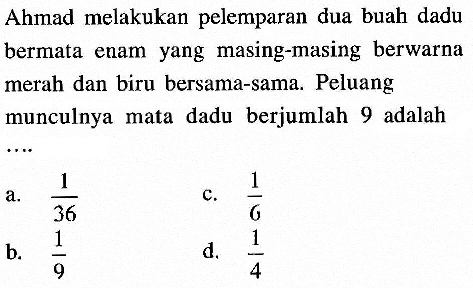 Ahmad melakukan pelemparan dua buah dadu bermata enam yang masing-masing berwarna merah dan biru bersama-sama. Peluang munculnya mata dadu berjumlah 9 adalah ....