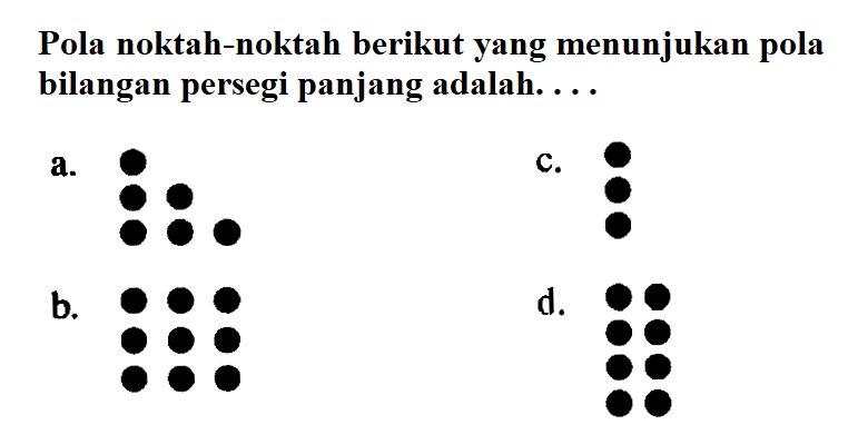 Pola noktah-noktah berikut yang menunjukan pola bilangan persegi panjang adalah. . . .