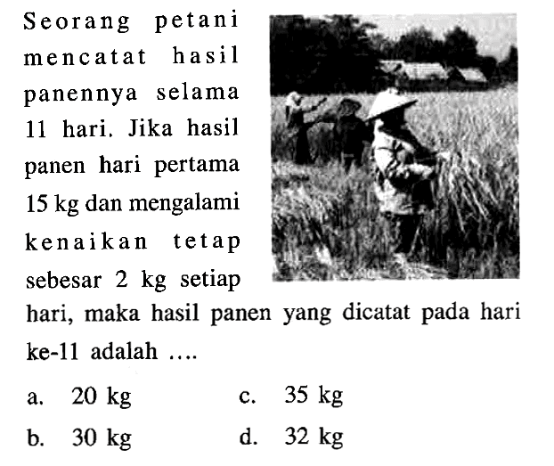 Seorang pertani mencatat hasil panennya selama 11 hari. Jika hasil panen hari pertama 15 kg dan mengalami kenaikan tetap sebesar 2 kg setiap hari, mak hasil panen yang dicatat pada hari ke-11 adalah ....