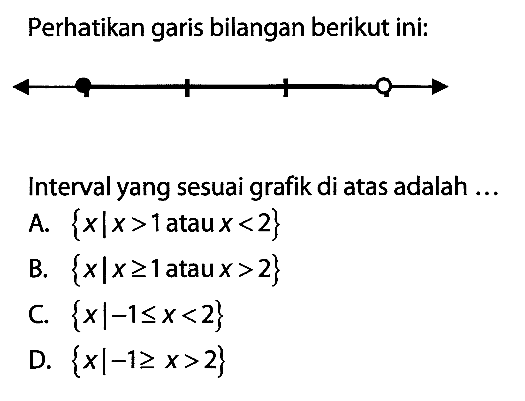 Perhatikan garis bilangan berikut ini: Interval yang sesuai grafik di atas adalah