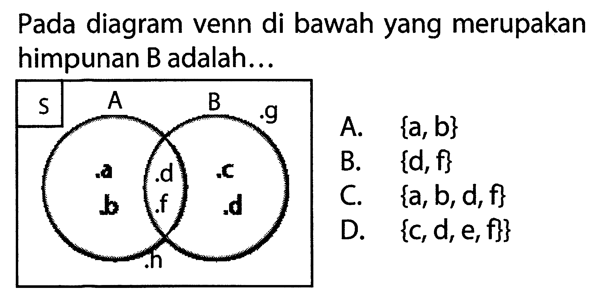 Pada diagram venn di bawah yang merupakan himpunan B adalah... A B .g .a .d .c .b .f .d .h A. {a, b} B. {d, f} C. {a, b, d, f} D. {c, d, e, f}}