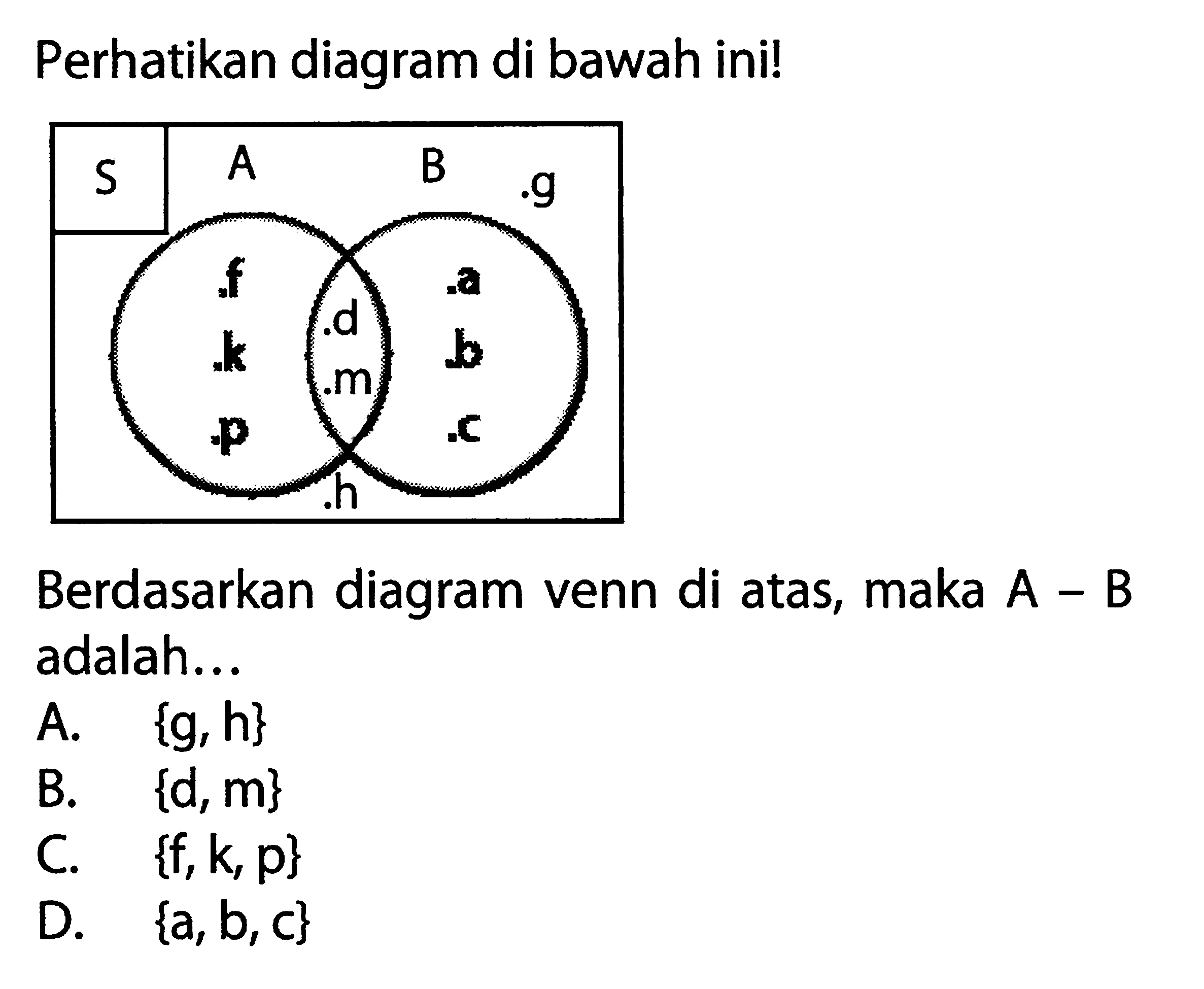 Perhatikan diagram di bawah ini! A f k p d m h B a b c g Berdasarkan diagram venn diatas, maka A - B adalah .... A. (g, h) B. (d, m) C. (f, k, p) D. (a, b, c)