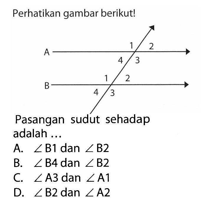 Perhatikan gambar berikut! A 1 2 3 4 B 1 2 3 4 Pasangan sudut sehadap adalah ...