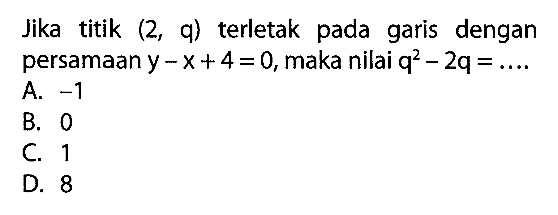 Jika titik (2, q) terletak pada garis dengan persamaan y - x + 4 = 0, maka nilai q^2 - 2q = ....