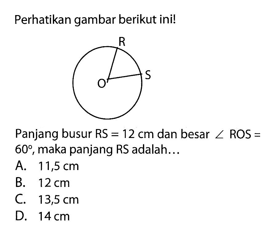 Perhatikan gambar berikut ini!R S OPanjang busur RS  =12 cm  dan besar  sudut  ROS  =   60 , maka panjang RS adalah...