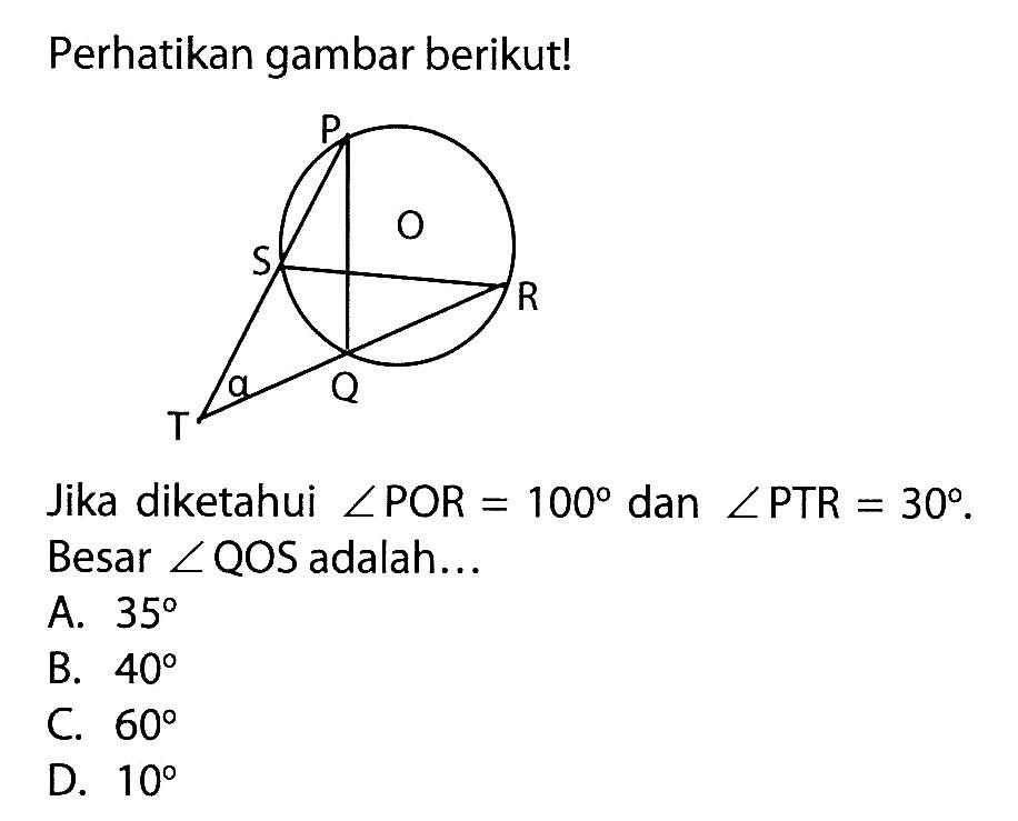 Perhatikan gambar berikut!Jika diketahui sudut POR = 100 dan sudut PTR = 30. Besar sudut QOS adalah...