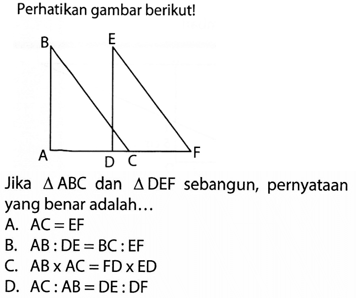 Perhatikan gambar berikut!Jika  segitiga ABC dan segitiga DEF sebangun, pernyataan yang benar adalah...A. AC=EF B. AB:DE=BC:EF C. ABxAC=FDxED D. AC:AB=DE:DF 