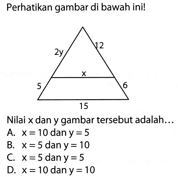 Perhatikan gambar di bawah ini!2y 5 12 6 x 15Nilai x dan y gambar tersebut adalah...