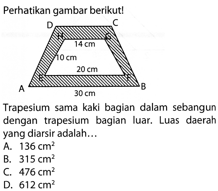 Perhatikan gambar berikut! Trapesium sama kaki bagian dalam sebangun dengan trapesium bagian luar. Luas daerah yang diarsir adalah...