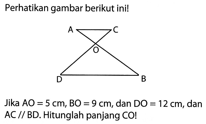 Perhatikan gambar berikut ini!Jika  AO=5 cm, BO=9 cm, dan  DO=12 cm, dan AC//BD. Hitunglah panjang CO!