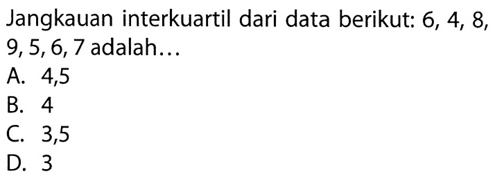 Jangkauan interkuartil dari data berikut: 6,4,8, 9,5,6,7 adalah...
