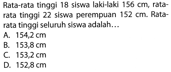 Rata-rata tinggi 18 siswa laki-laki  156 cm , ratarata tinggi 22 siswa perempuan  152 cm . Ratarata tinggi seluruh siswa adalah...