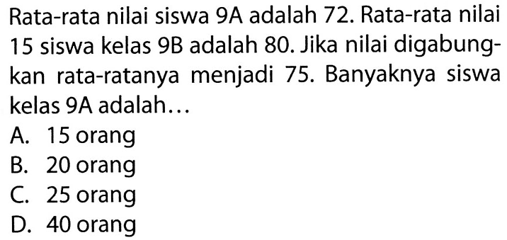 Rata-rata nilai siswa 9A adalah 72. Rata-rata nilai 15 siswa kelas 9B adalah 80. Jika nilai digabungkan rata-ratanya menjadi 75. Banyaknya siswa kelas 9A adalah ...