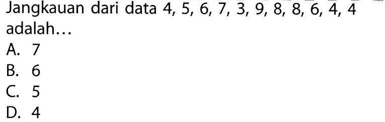 Jangkauan dari data 4,5,6,7,3,9,8,8,6,4,4 adalah...