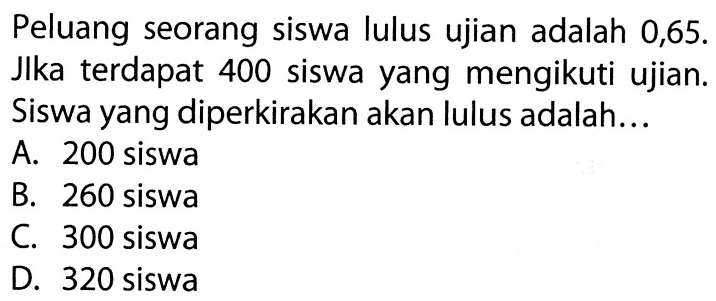 Peluang seorang siswa lulus ujian adalah 0,65. Jika terdapat 400 siswa yang mengikuti ujian. Siswa yang diperkirakan akan lulus adalah ... 