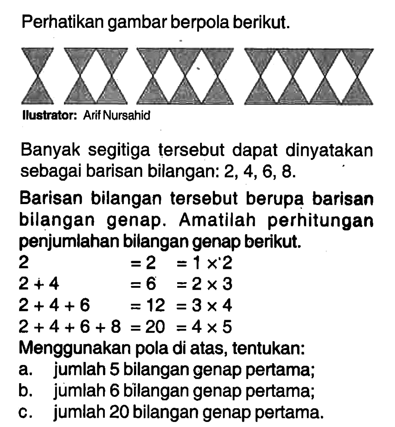 Perhatikan gambar berpola berikut. Banyak segitiga tersebut dapat dinyatakan sebagai barisan bilangan: 2, 4, 6, 8. Barisan bilangan tersebut berupa barisan bilangan genap. Amatilah perhitungan penjumlahan bilangan genap berikut. 2 = 2 = 1x2 2 + 4 = 6 = 2 x 3 2 + 4 + 6 = 12 = 3 x 4 2 + 4 + 6 + 8 = 20 = 4 x 5 Menggunakan pola di atas, tentukan: a. jumlah 5 bilangan genap pertama; b. jumlah 6 bilangan genap pertama; c. jumlah 20 bilangan genap pertama.