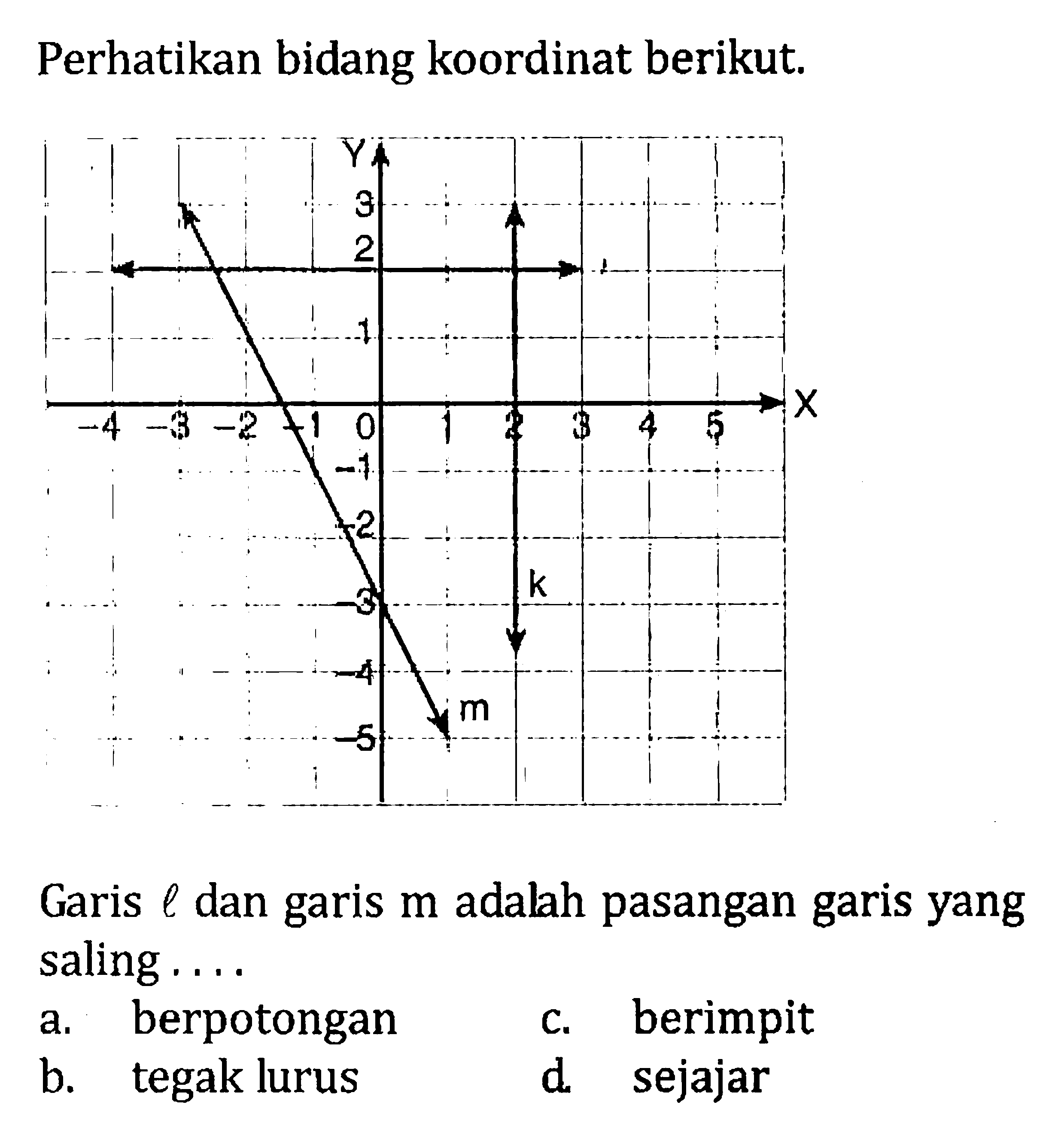 Perhatikan bidang koordinat berikut. Garis l dan garis m adalah pasangan garis yang saling .... a. berpotongan b. tegak lurus c. berimpit d. sejajar