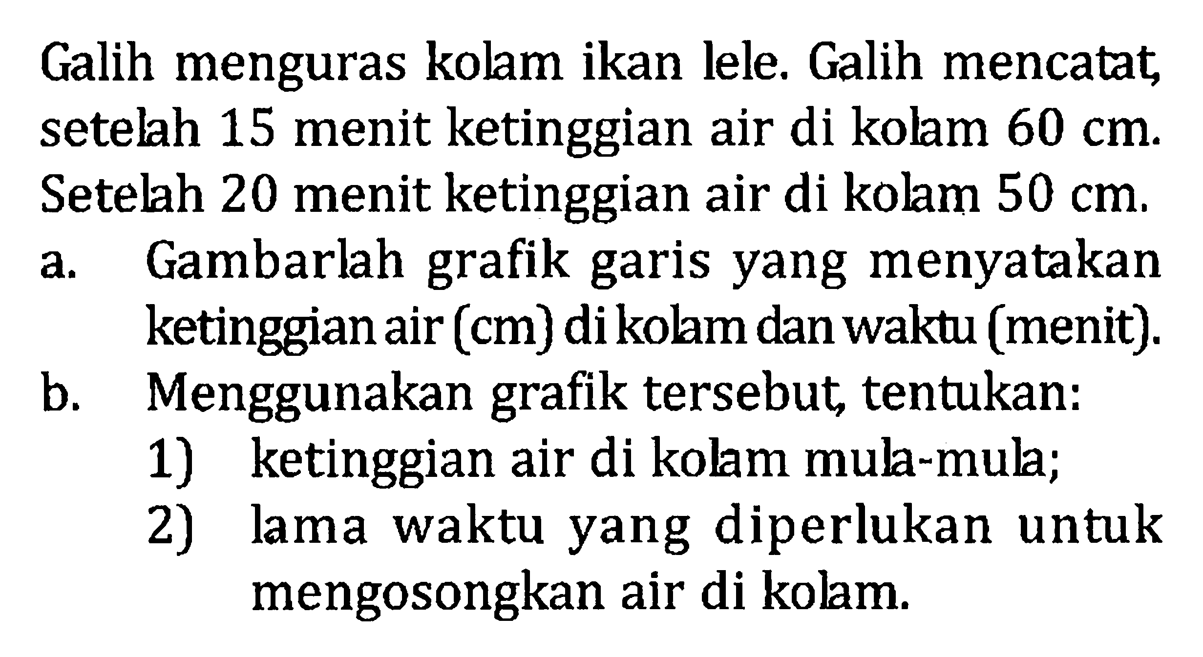 Galih menguras kolam ikan lele. Galih mencatat, setelah 15 menit ketinggian air di kolam 60 cm . Setelah 20 menit ketinggian air di kolam 50 cm . a. Gambarlah grafik garis yang menyatakan ketinggian air (cm) di kolam dan waktu (menit). b. Menggunakan grafik tersebut, tentukan: 1) ketinggian air di kolam mula-mula; 2) lama waktu yang diperlukan untuk mengosongkan air di kolam. 