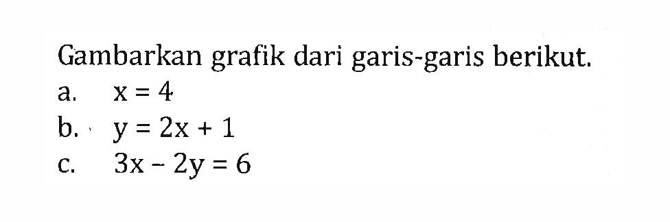 Gambarkan grafik dari garis-garis berikut. a. x = 4 b. y = 2x + 1 c. 3x - 2y = 6