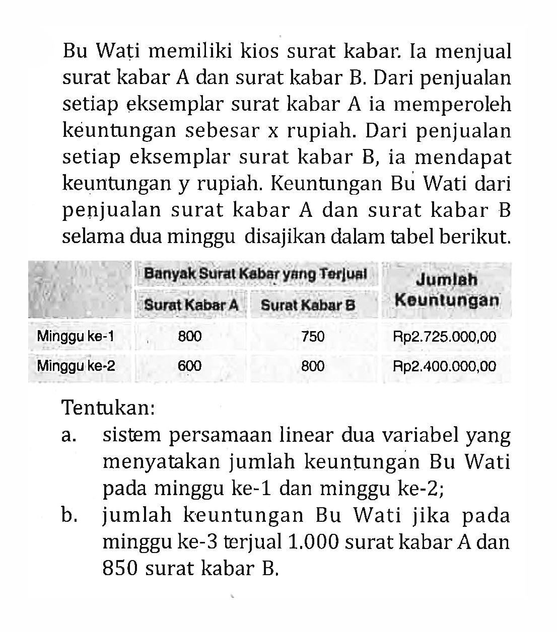 Bu Wati memiliki kios surat kabar. Ia menjual surat kabar A dan surat kabar B. Dari penjualan setiap eksemplar surat kabar A ia memperoleh keuntungan sebesar x rupiah. Dari penjualan setiap eksemplar surat kabar B, ia mendapat keuntungan y rupiah. Keuntungan Bu Wati dari penjualan surat kabar A dan surat kabar B selama dua minggu disajikan dalam tabel berikut. Banyak Surat Kabar yang Terjual Jumlah Keutungan Surat Kabar A Surat Kabar B 5 Minggu ke-1 800 750 Rp2.725.000,00 Minggu ke-2 600 800 Rp. 2.400.000,00 Tentukan: a. sistem persamaan linear dua variabel yang menyatakan jumlah keuntungan Bu Wati pada minggu ke-1 dan minggu ke-2; b. jumlah keuntungan Bu Wati jika pada minggu ke-3 terjual 1.000 surat kabar A dan 850 surat kabar B.