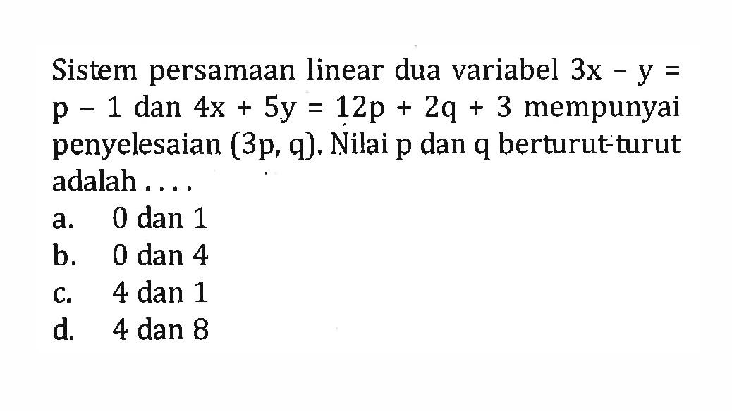 Sistem persamaan linear dua variabel 3x - y = p - 1 dan 4x + 5y = 12p + 2q + 3 mempunyai penyelesaian (3p, q). Nilai p dan q berturut-turut adalah a. 0 dan 1 b. 0 dan 4 c. 4 dan 1 d. 4 dan 8