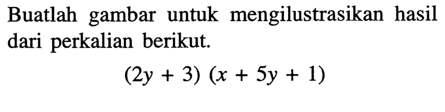 Buatlah gambar untuk mengilustrasikan hasil dari perkalian berikut. (2y + 3) (x + 5y + 1)