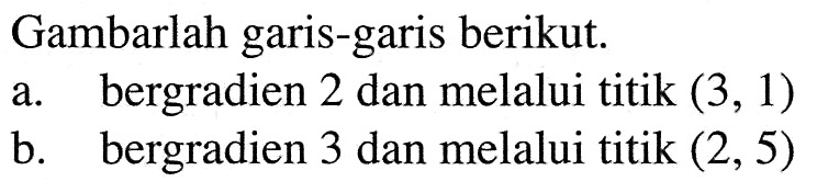 Gambarlah garis-garis berikut. a. bergradien 2 dan melalui titik (3,1) b. bergradien 3 dan melalui titik (2,5)