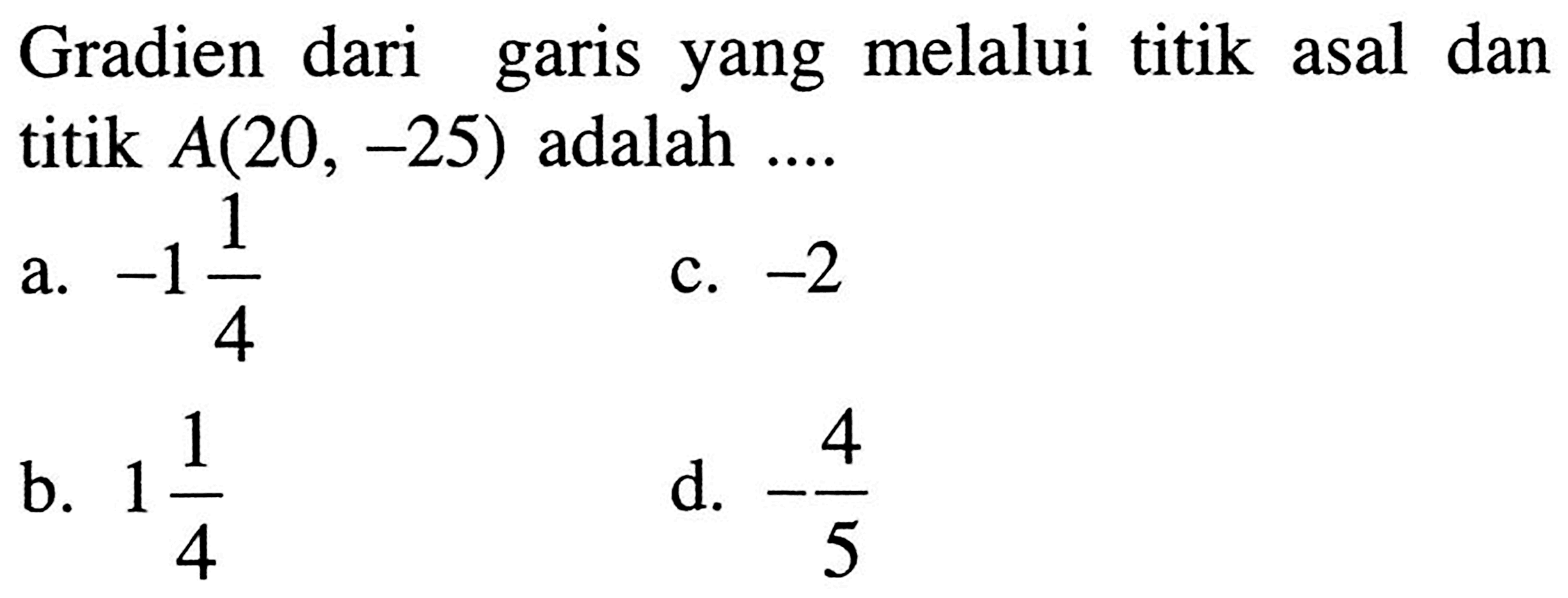 Gradien dari garis yang melalui titik asal dan titik A(20, -25) adalah .....