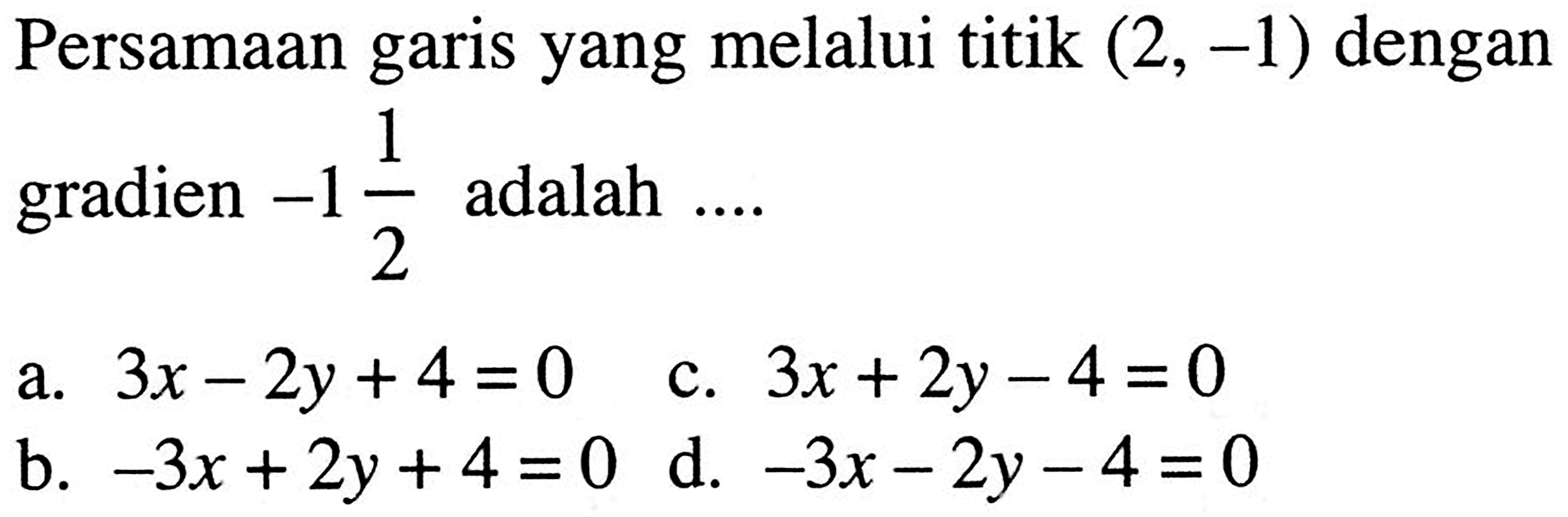 Persamaan garis yang melalui titik (2, -1) dengan 1 gradien -1 1/2 = adalah ....