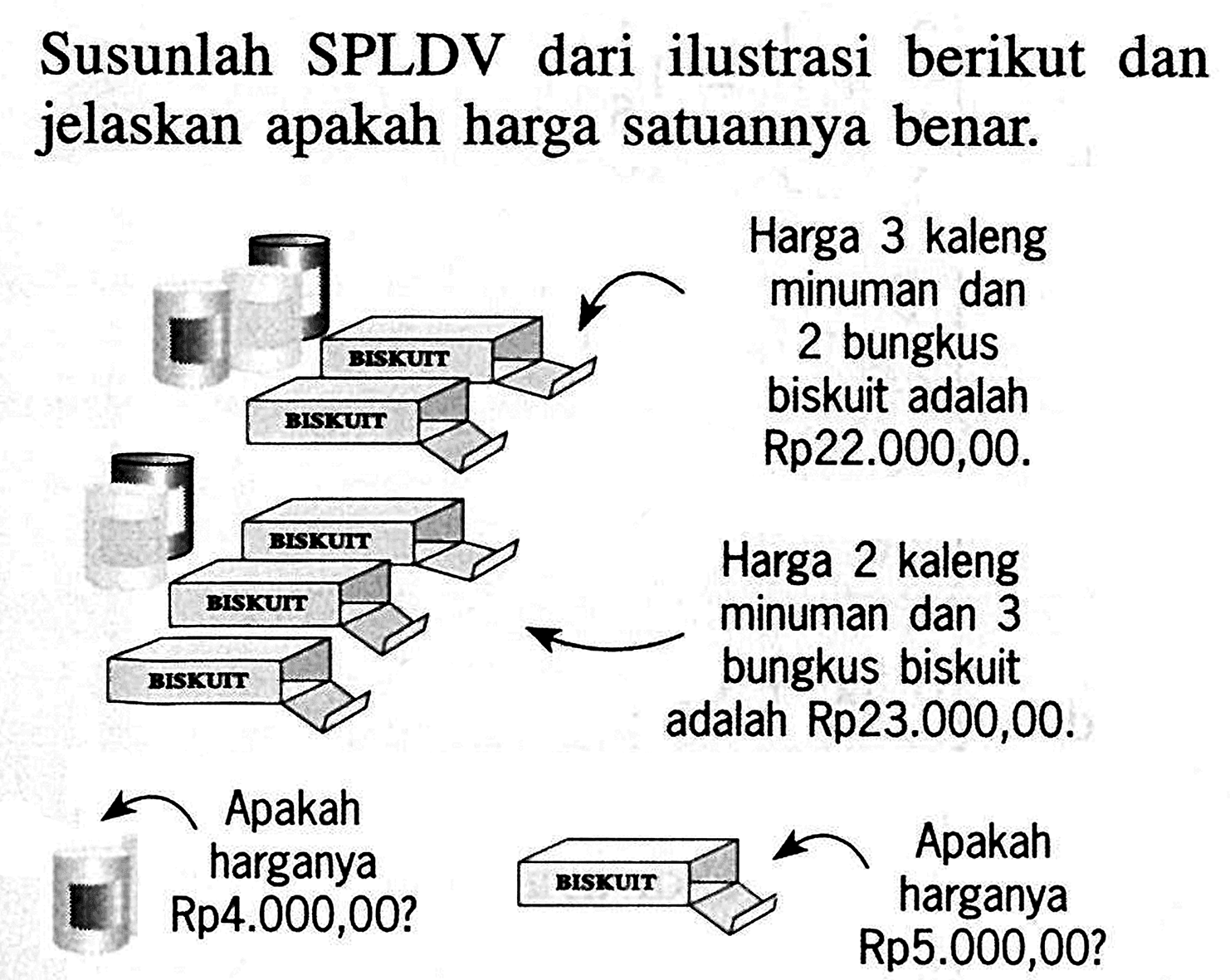 Susunlah SPLDV dari ilustrasi berikut dan jelaskan apakah harga satuannya benar. Harga 3 kaleng minuman dan 2 bungkus biskuit adalah Rp22.000,00. Harga 2 kaleng minuman dan 3 bungkus biskuit adalah Rp23.000,00. Apakah harganya Rp5.000,00. Apakah harganya Rp4.000,00?