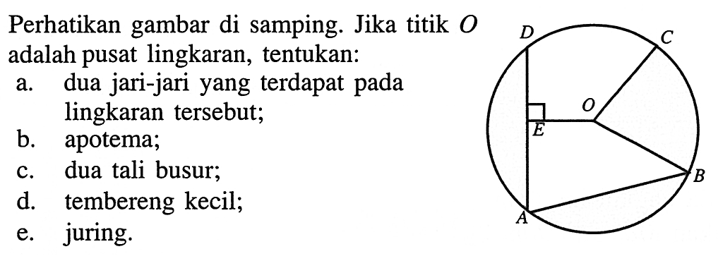 Perhatikan gambar di samping. Jika titik  O  adalah pusat lingkaran, tentukan:
a. dua jari-jari yang terdapat pada lingkaran tersebut;
b. apotema;
c. dua tali busur;
d. tembereng kecil;
e. juring.