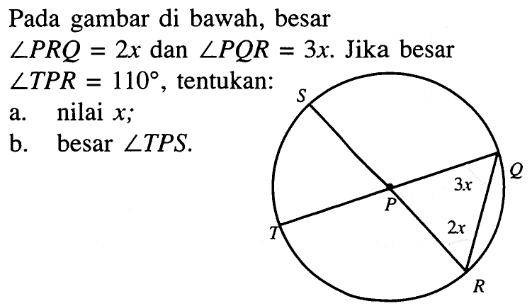 Pada gambar di bawah, besar sudut P R Q=2 x  dan  sudut P Q R=3 x .  Jika besar sudut T P R=110 , tentukan:a. nilai  x ;b. besar sudut T P S.S P Q 3x 2x R T