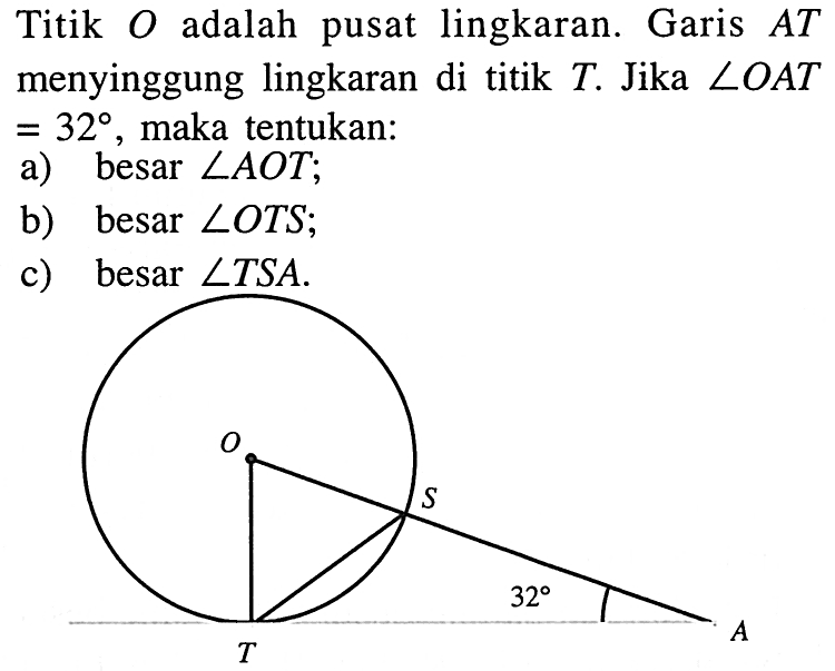 Titik O adalah pusat lingkaran. Garis AT menyinggung lingkaran di titik T. Jika sudut OAT=32, maka tentukan:a) besar sudut AOT;b) besar sudut OTS;c) besar sudut TSA.