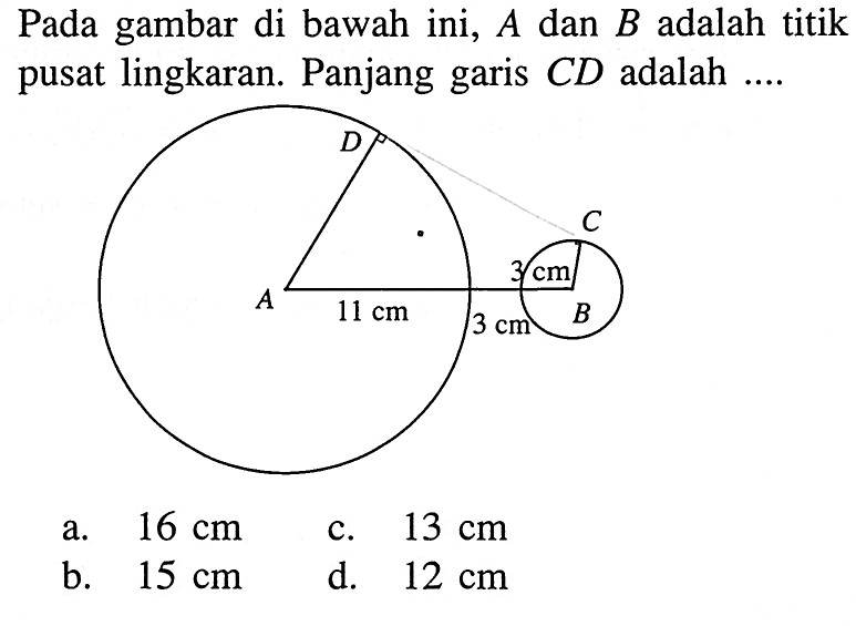 Pada gambar di bawah ini, A dan B adalah titik pusat lingkaran. Panjang garis C D adalah  .... D C B A 3 cm 3 cm 11 cm