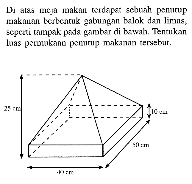 Di atas meja makan terdapat sebuah penutup makanan berbentuk gabungan balok dan limas, seperti tampak pada gambar di bawah. Tentukan luas permukaan penutup makanan tersebut. 25 cm 10 cm 40 cm 50 cm