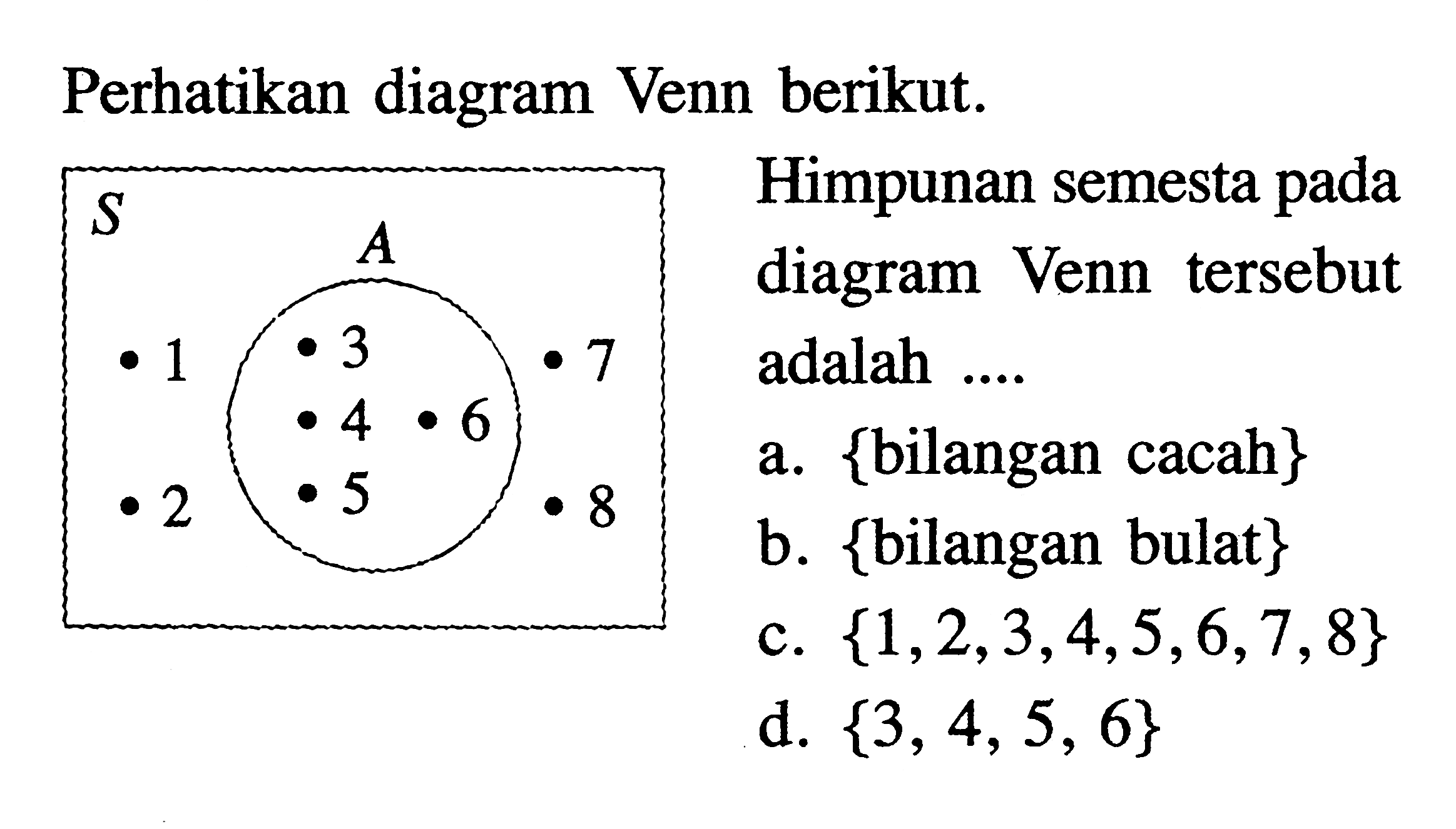 Perhatikan diagram Venn berikut. Himpunan semesta pada diagram Venn tersebut adalah .... S A 1 2 3 4 5 6 7 8