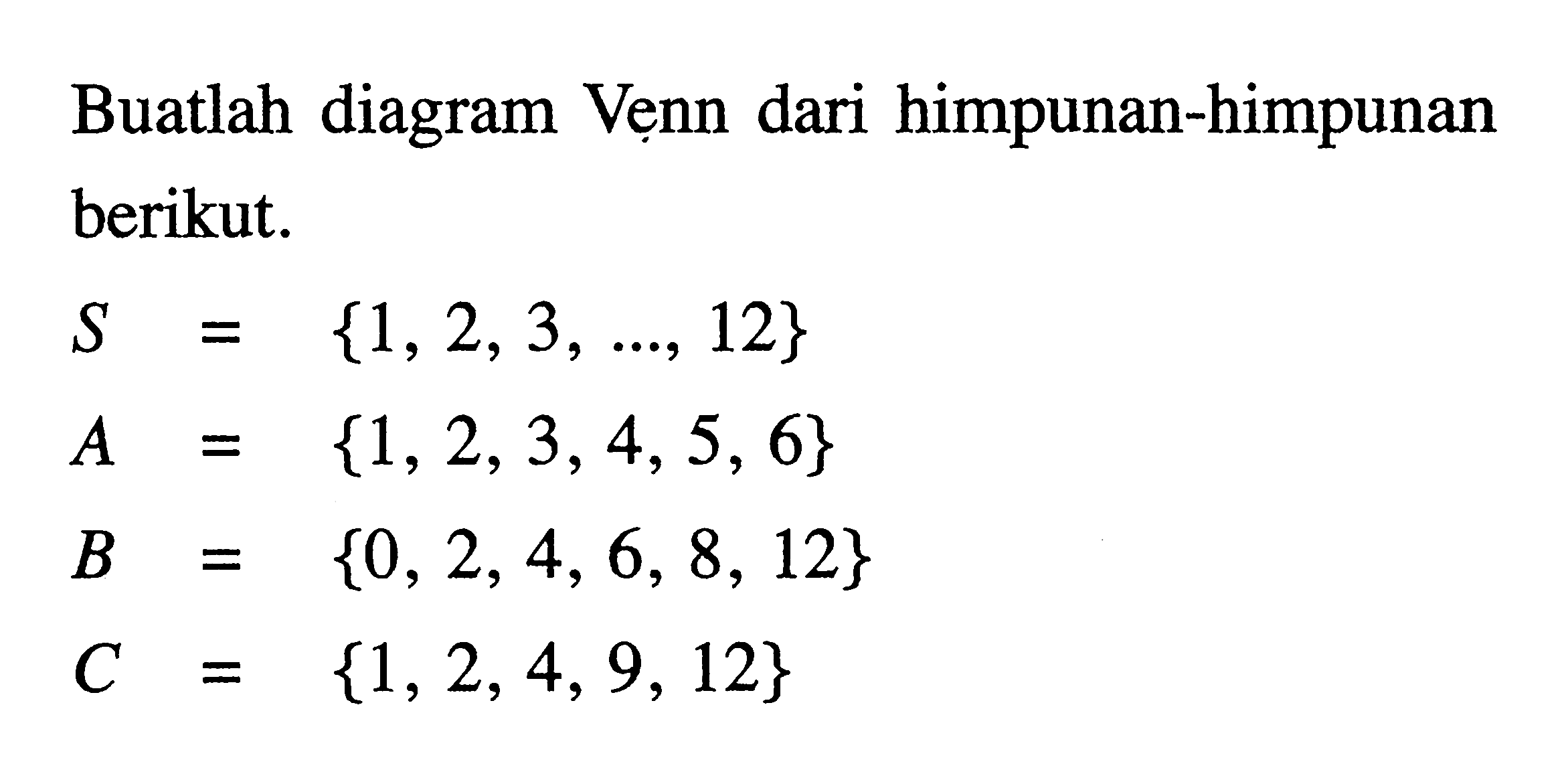 Buatlah diagram Venn dari himpunan-himpunan berikut. S = {1, 2, 3, 12} A = {1, 2, 3, 4, 5, 6} B = {0, 2, 4, 6, 8, 12} C = {1, 2, 4, 9, 12}