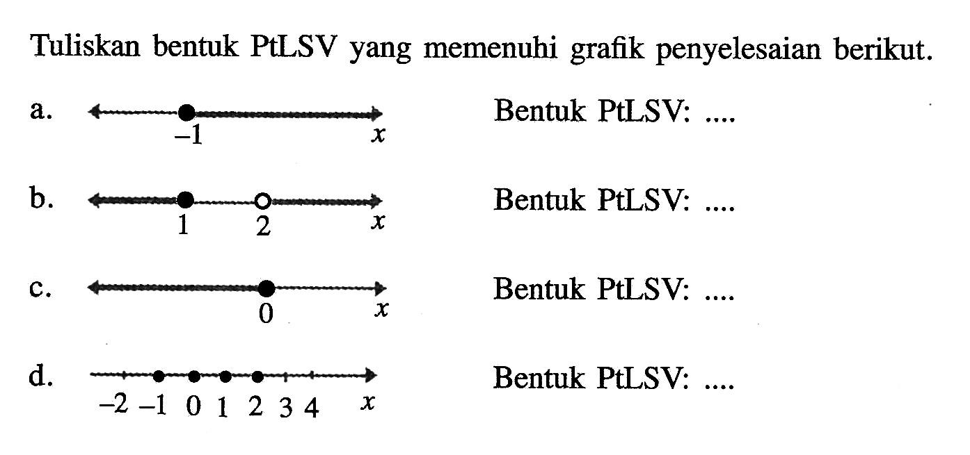 Tuliskan bentuk PtLSV yang memenuhi grafik penyelesaian berikut.
a.  -1 xBentuk PtLSV:  ... . 
b. 1 2 x Bentuk PtLSV:  ... 
c. 0 x Bentuk PtLSV: ...
d.  -2 -1  0  1  2  3 4 x Bentuk PtLSV: ....