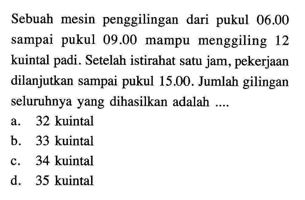 Sebuah mesin penggilingan dari pukul  06.00  sampai pukul  09.00  mampu menggiling 12 kuintal padi. Setelah istirahat satu jam, pekerjaan dilanjutkan sampai pukul  15.00 . Jumlah gilingan seluruhnya yang dihasilkan adalah ....a. 32 kuintalb. 33 kuintalc. 34 kuintald. 35 kuintal