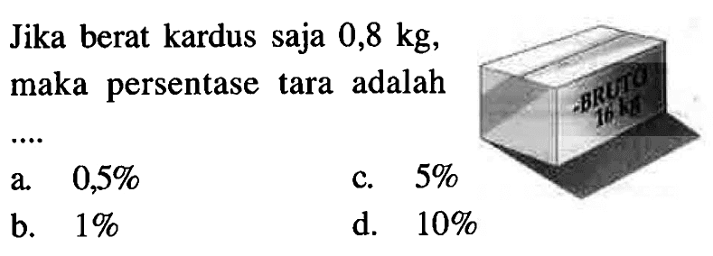 Jika berat kardus saja 0,8 kg, maka persentase tara adalah Bruto 16 kg