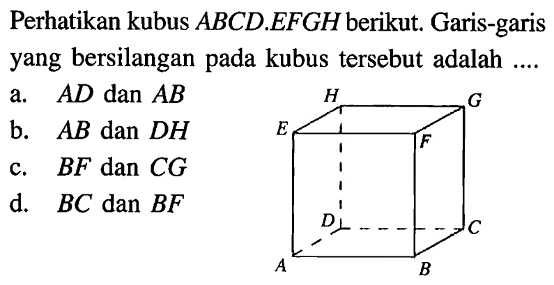 Perhatikan kubus ABCD.EFGH berikut. Garis-garis yang bersilangan pada kubus tersebut adalah....